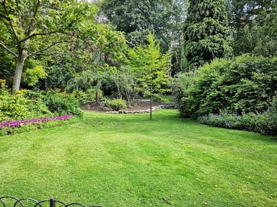 Gradina verde ingrijita primavara, cu gazon tuns si copaci sanatosi